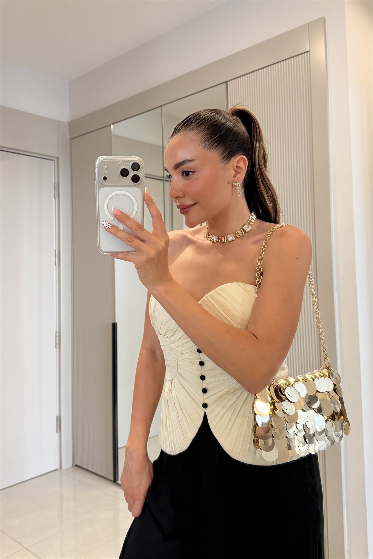 Passion Ekru Düğmeli Piliseli Korse Bluz