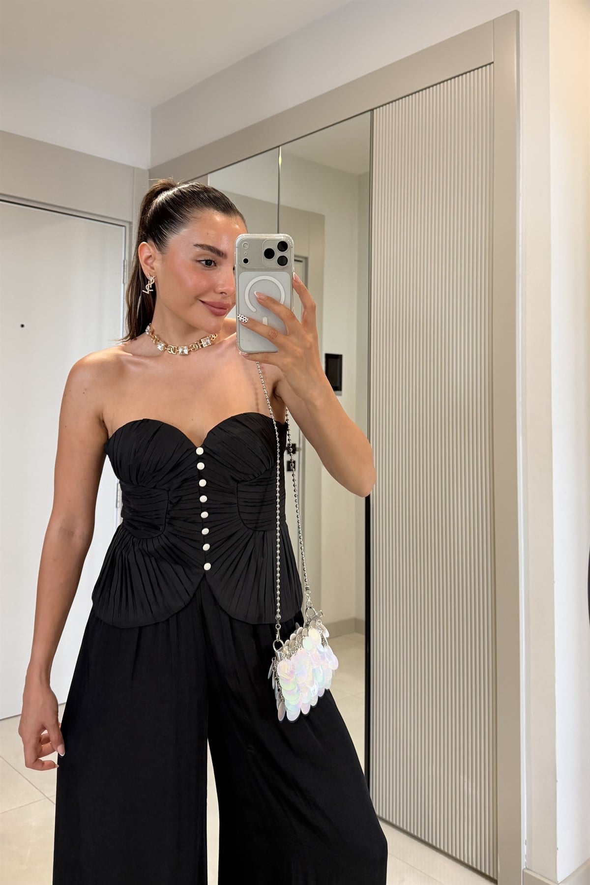 Passion Siyah Düğmeli Piliseli Korse Bluz