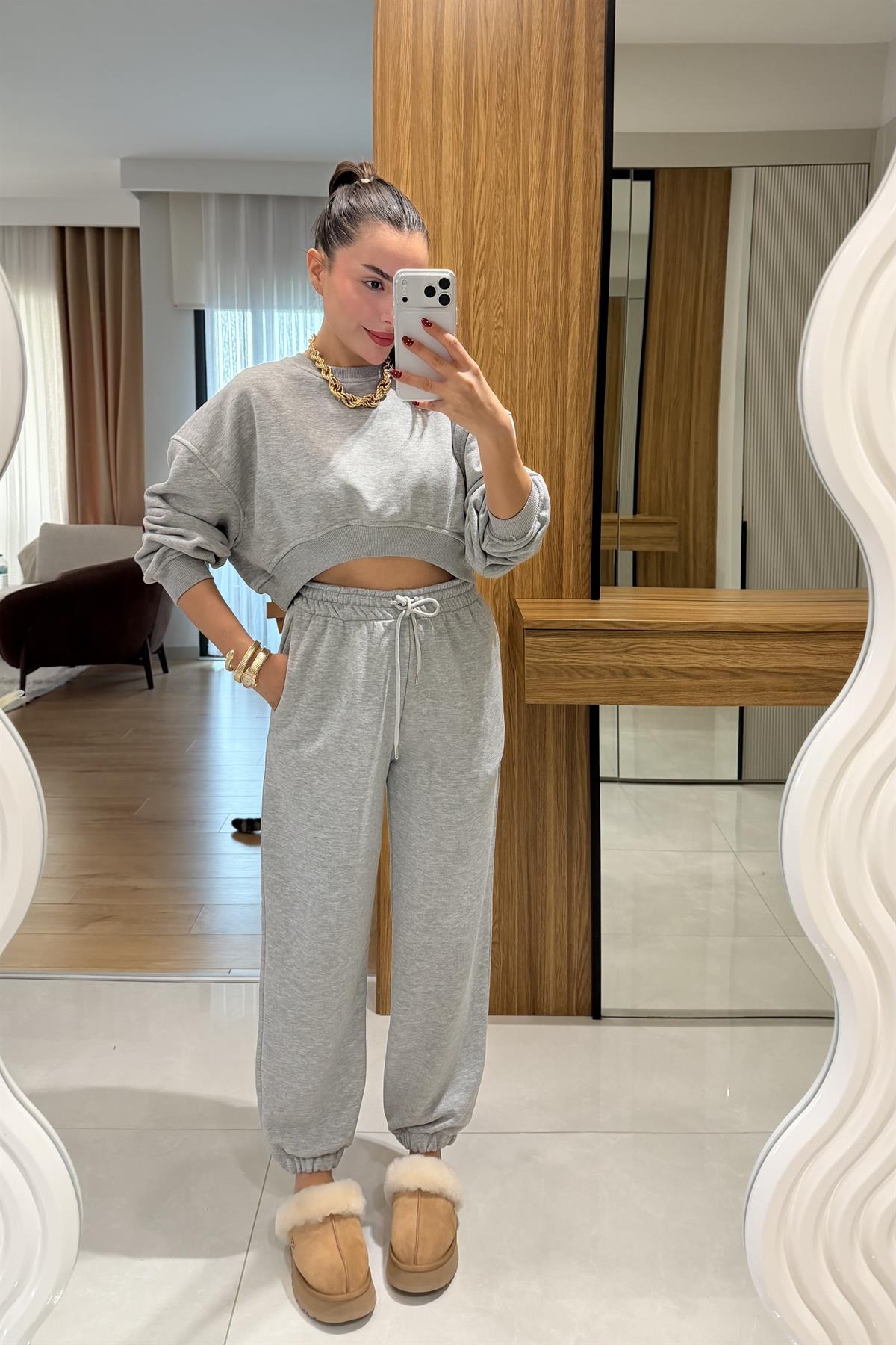 Patrica Gri Crop Eşofman Takımı