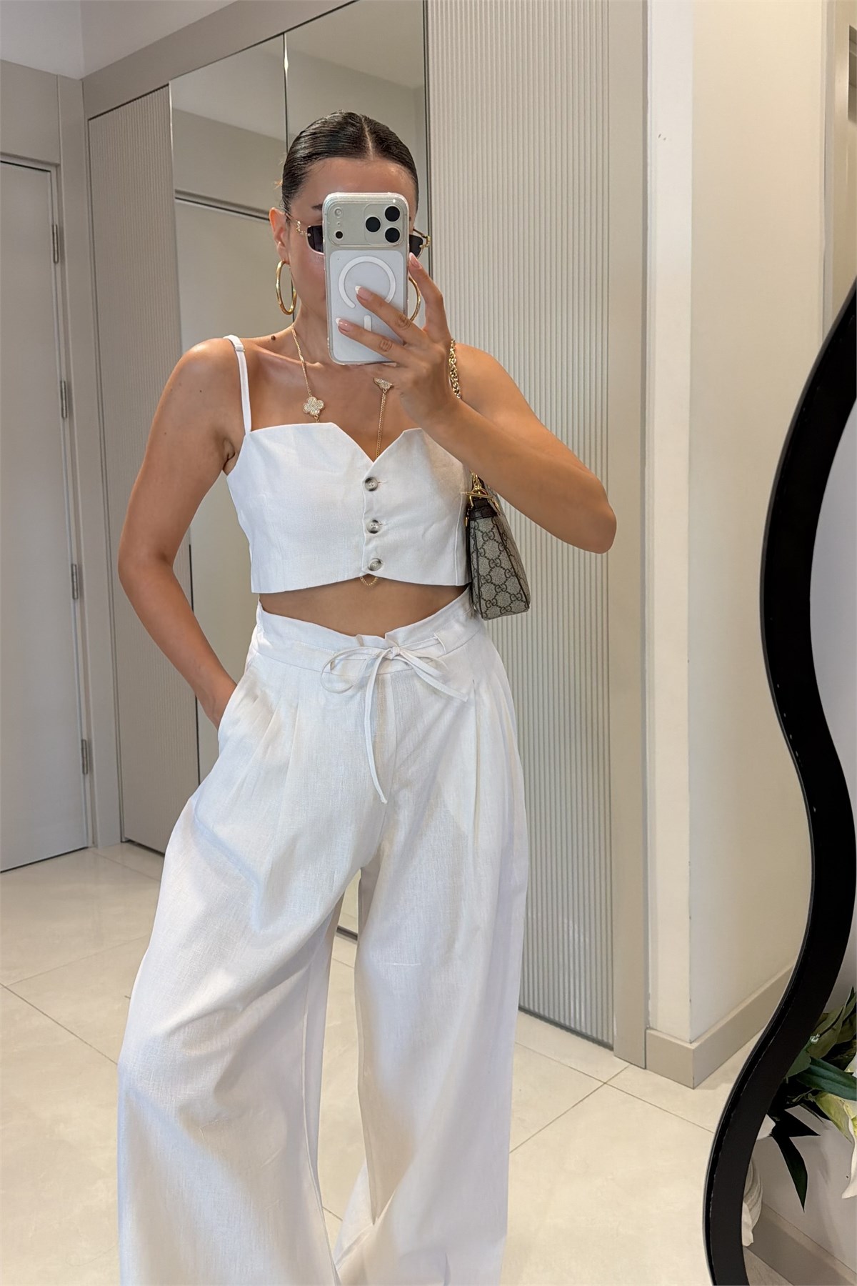 Patrice Beyaz Keten Crop Pantolon Takım