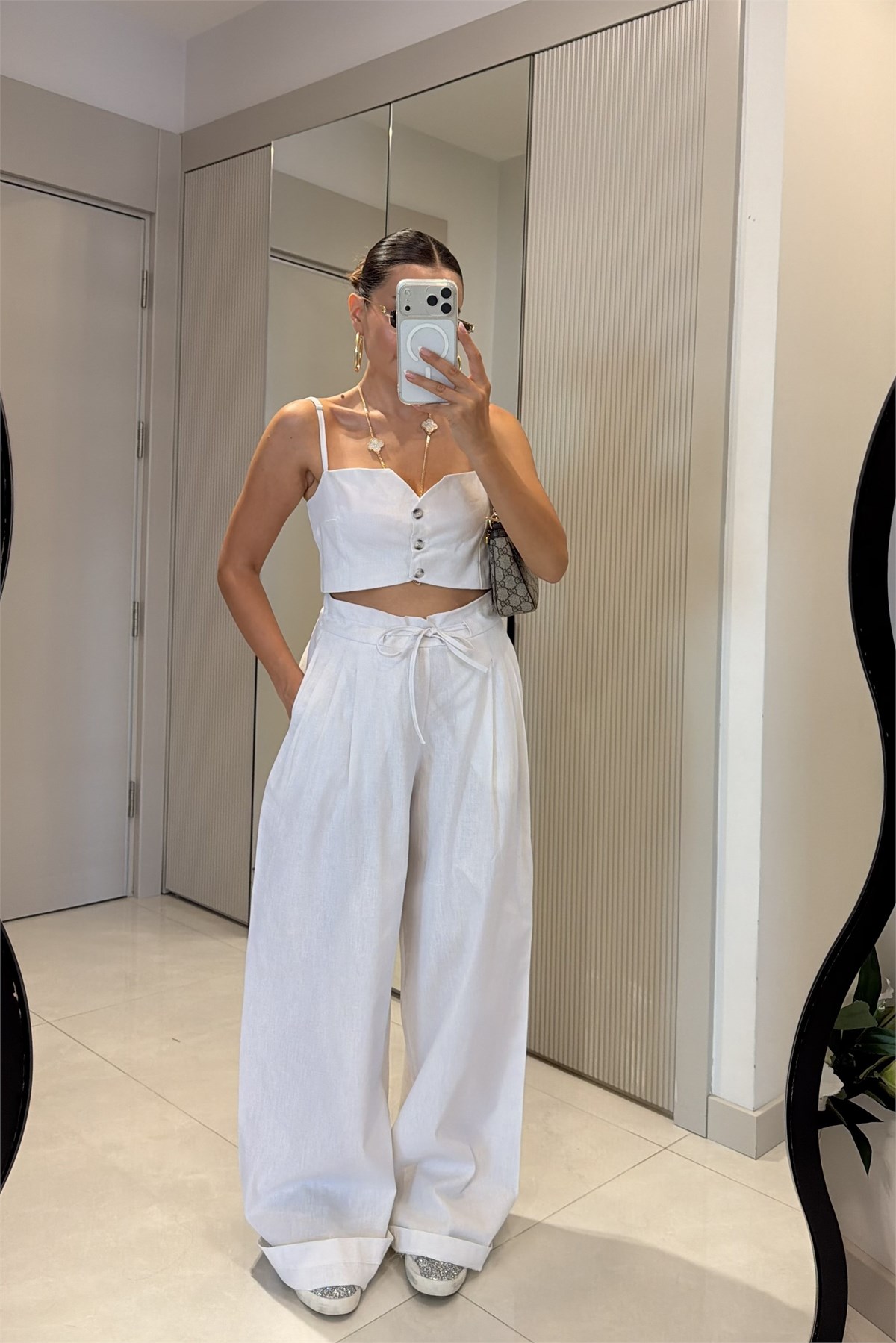 Patrice Beyaz Keten Crop Pantolon Takım