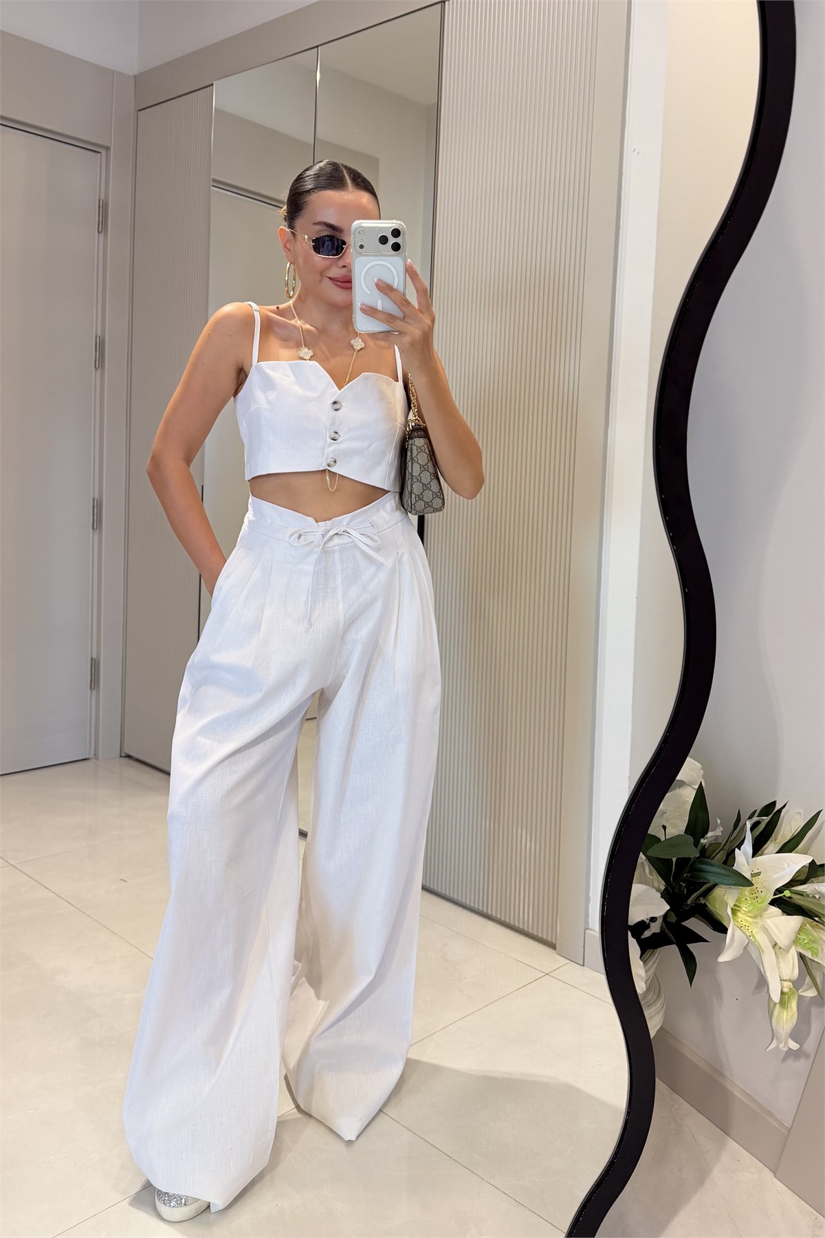 Patrice Beyaz Keten Crop Pantolon Takım