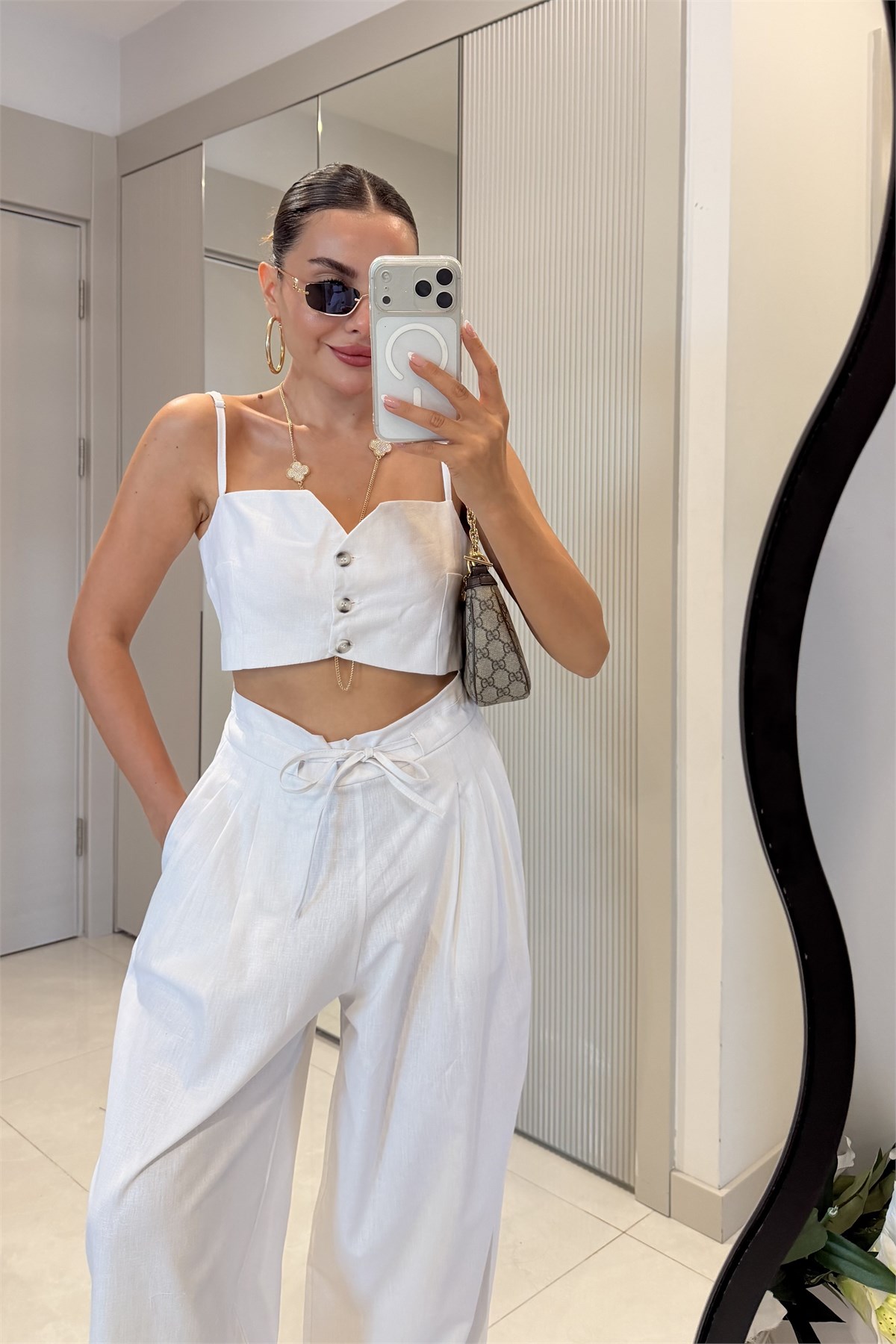 Patrice Beyaz Keten Crop Pantolon Takım