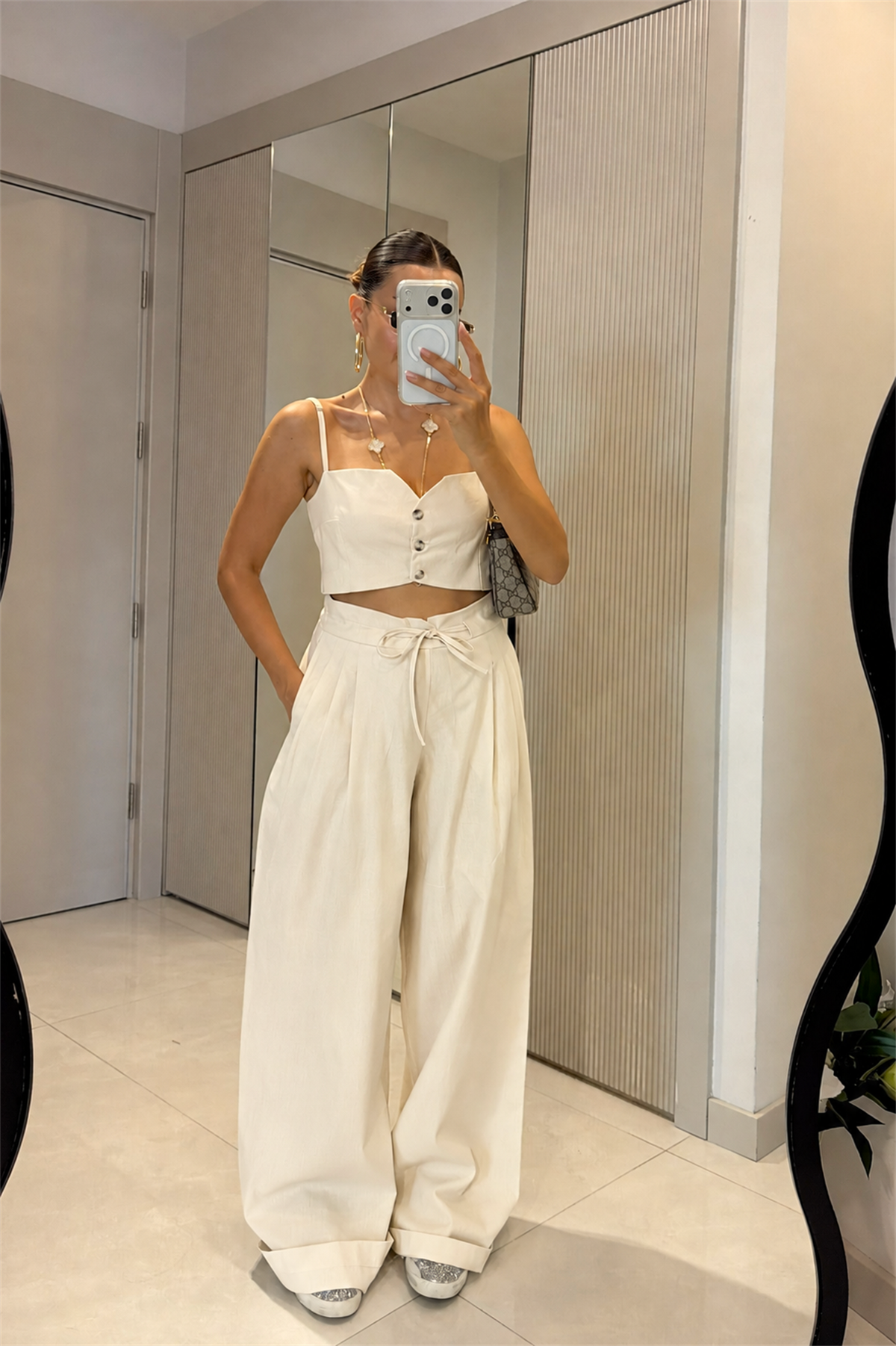 Patrice Krem Keten Crop Pantolon Takım