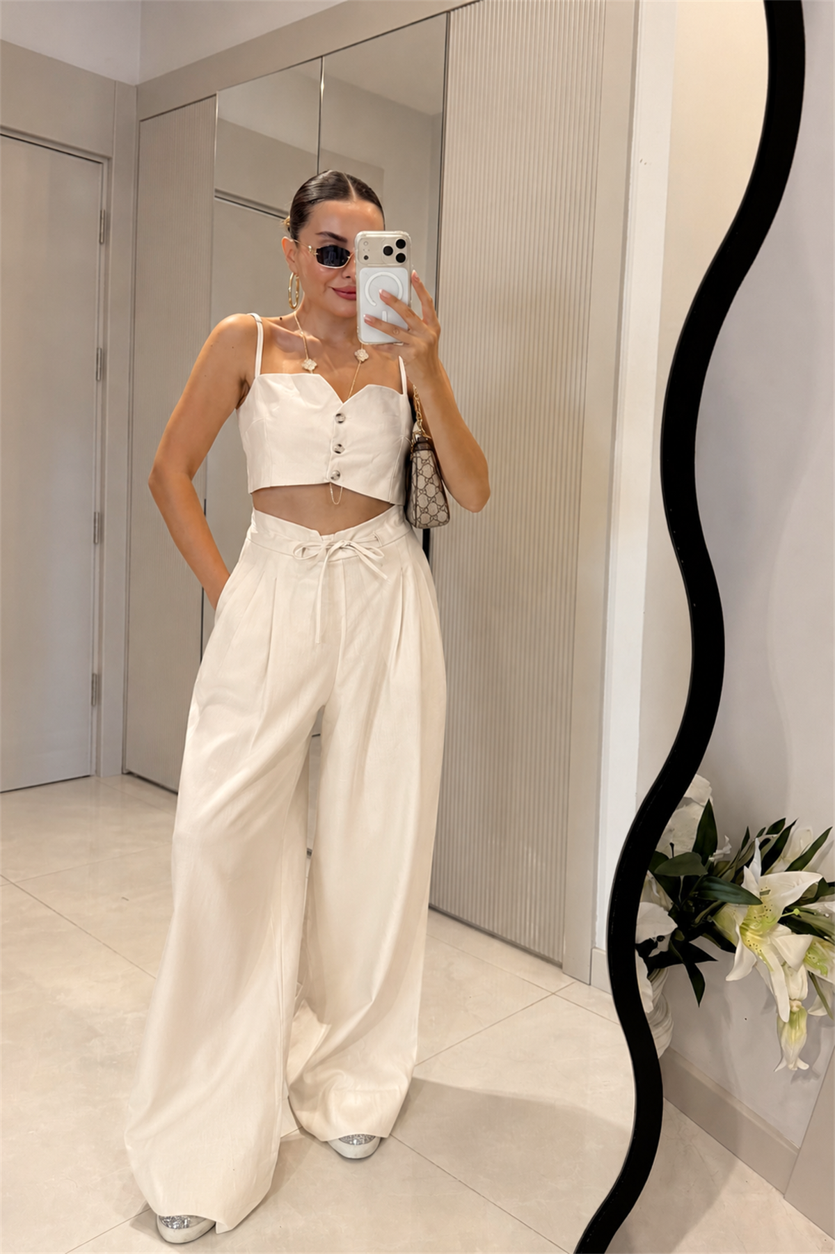 Patrice Krem Keten Crop Pantolon Takım