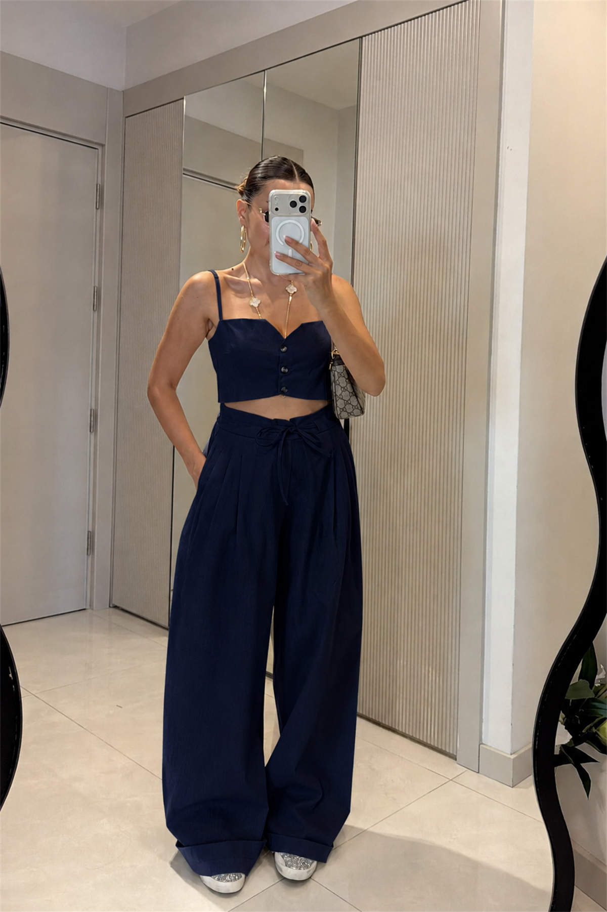 Patrice Lacivert Keten Crop Pantolon Takım