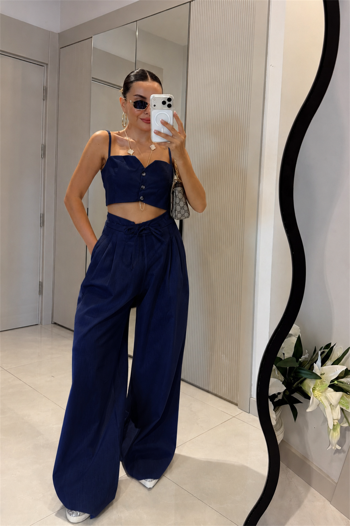 Patrice Lacivert Keten Crop Pantolon Takım