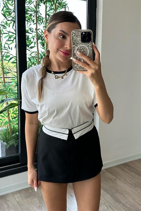 Pau kemer detaylı mini şort etek - Siyah