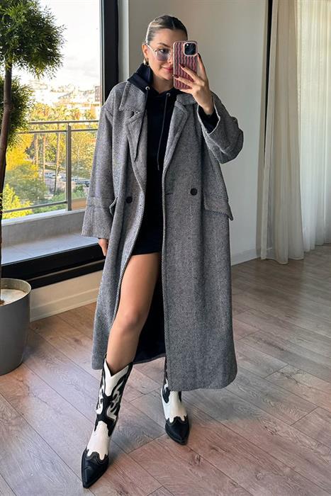 Pearl Balık Sırtı Oversize Kaban - Lacivert