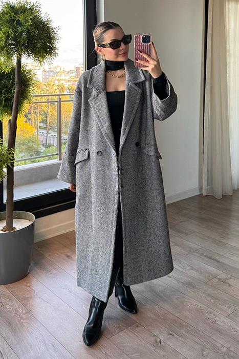 Pearl Balık Sırtı Oversize Kaban - Siyah