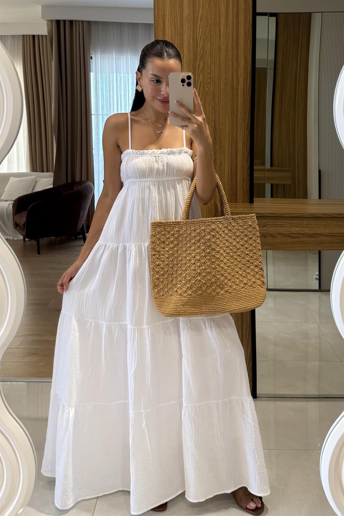 Pedra Beyaz Müslin Askılı Çan Elbise