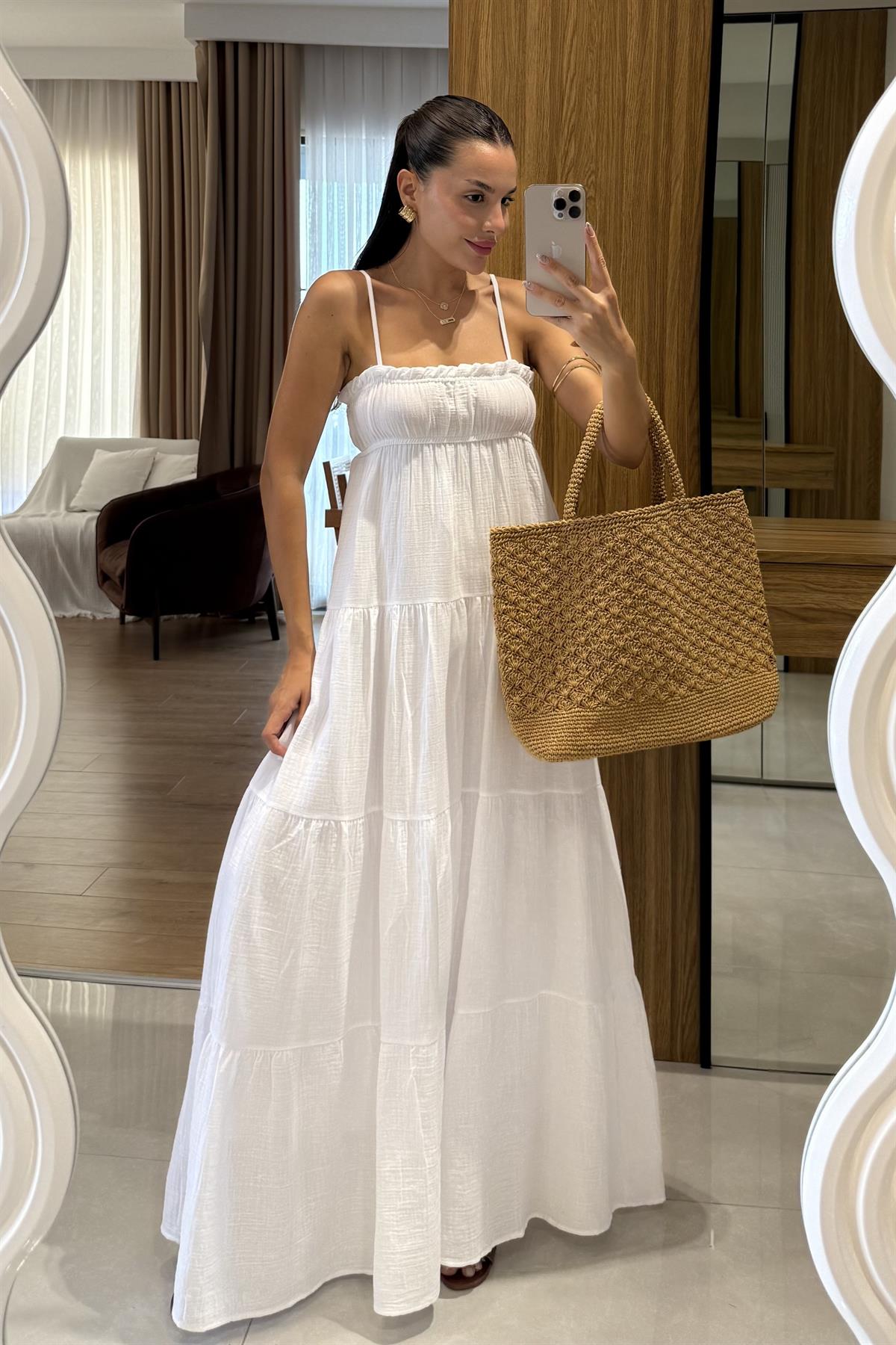 Pedra Beyaz Müslin Askılı Çan Elbise