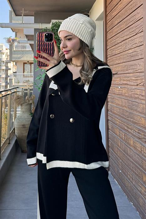 Peggy Şeritli Triko Takım - Siyah