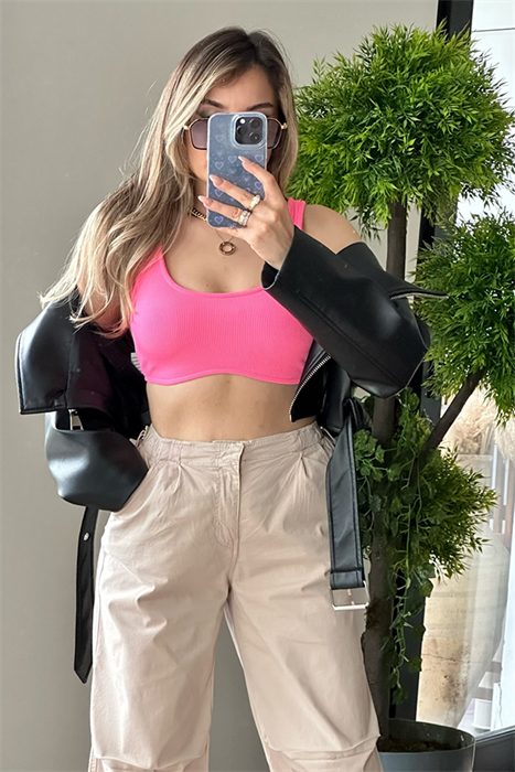 Pembe kalın askılı mini basic crop top