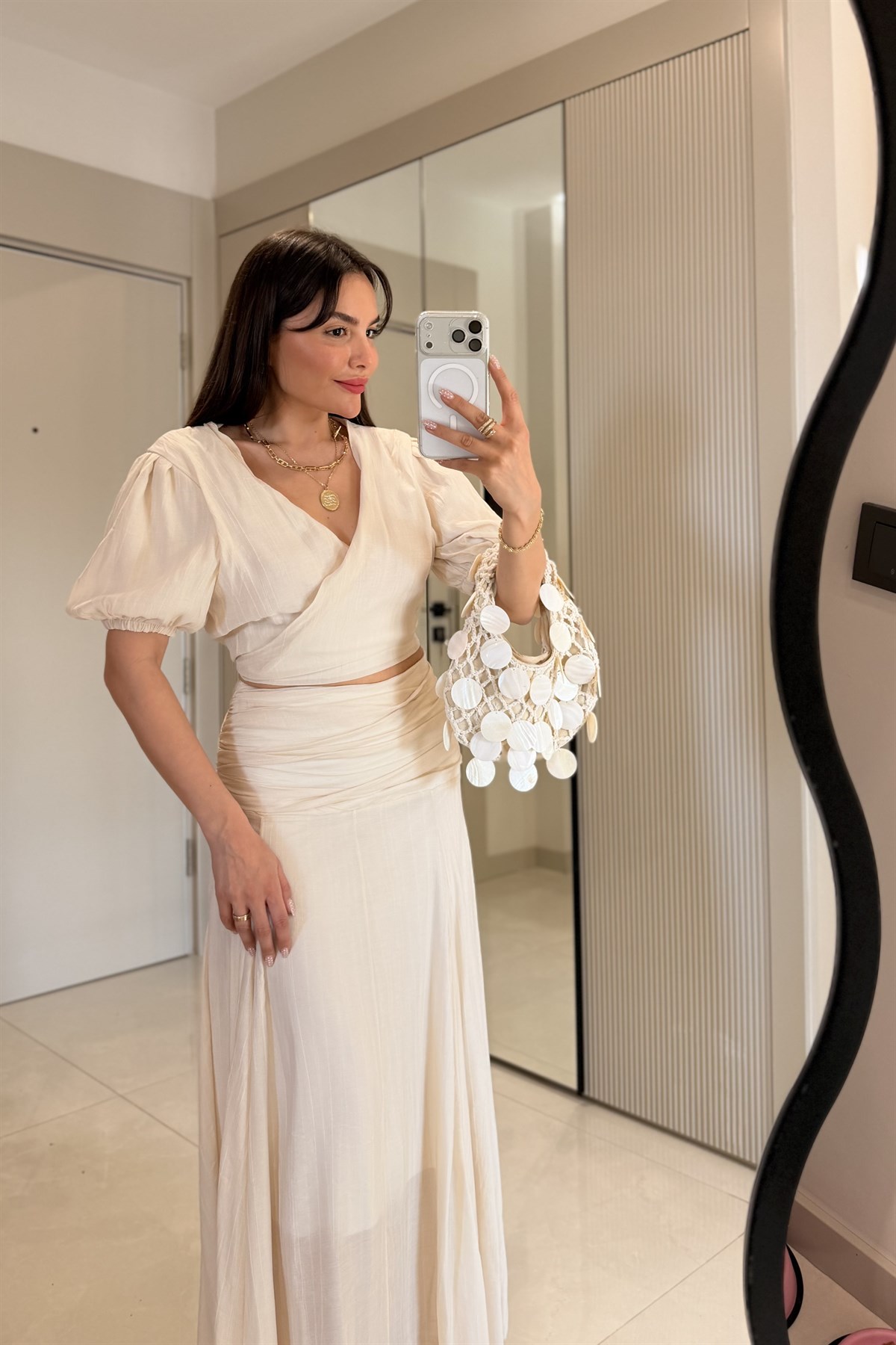 Peria Bej Kruvaze Bluz Drapeli Etek Takım