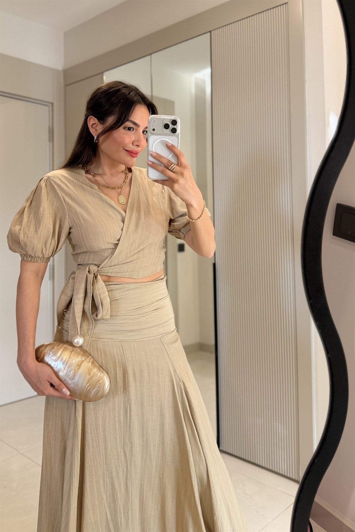 Peria Haki Kruvaze Bluz Drapeli Etek Takım