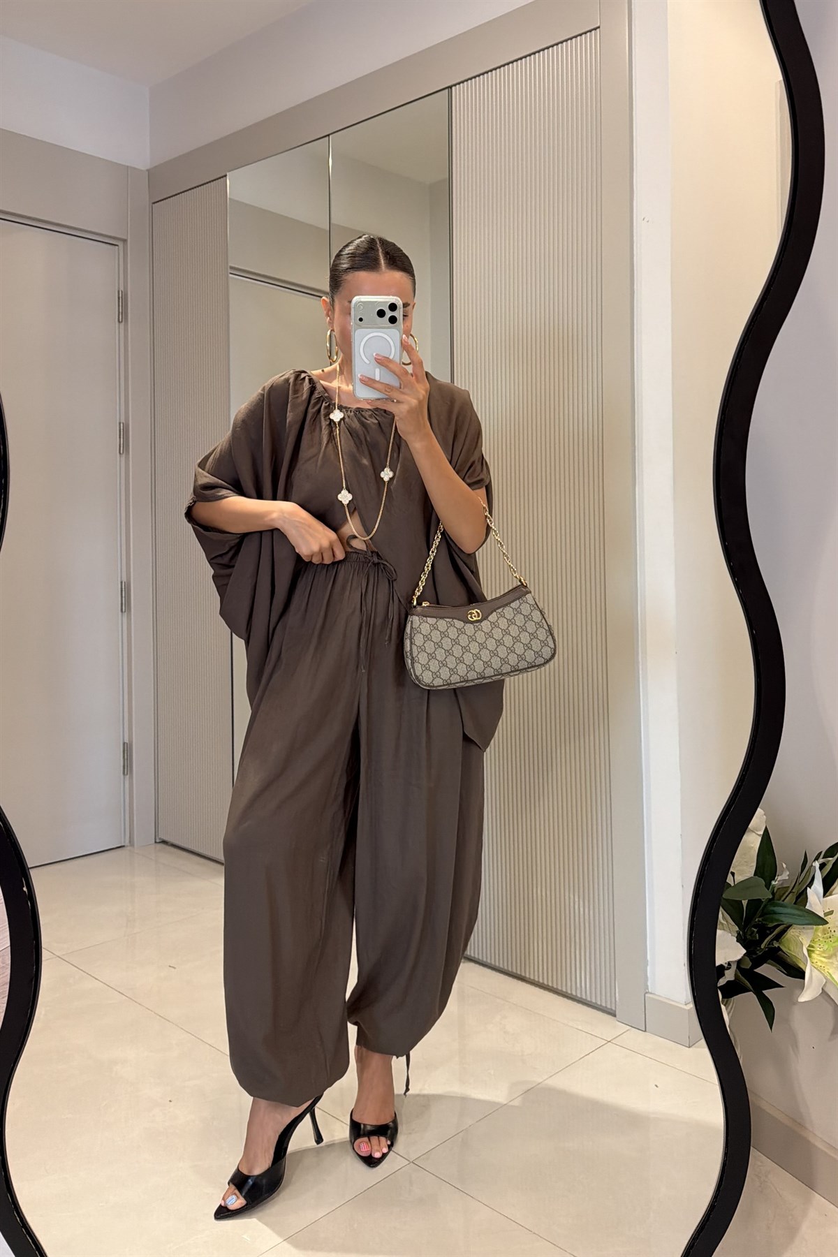Perie Kahve Şalvar Dökümlü Bluz Takım