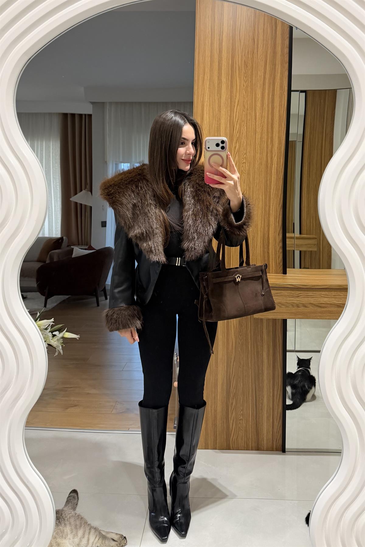 Perla Siyah Kürklü Deri Ceket