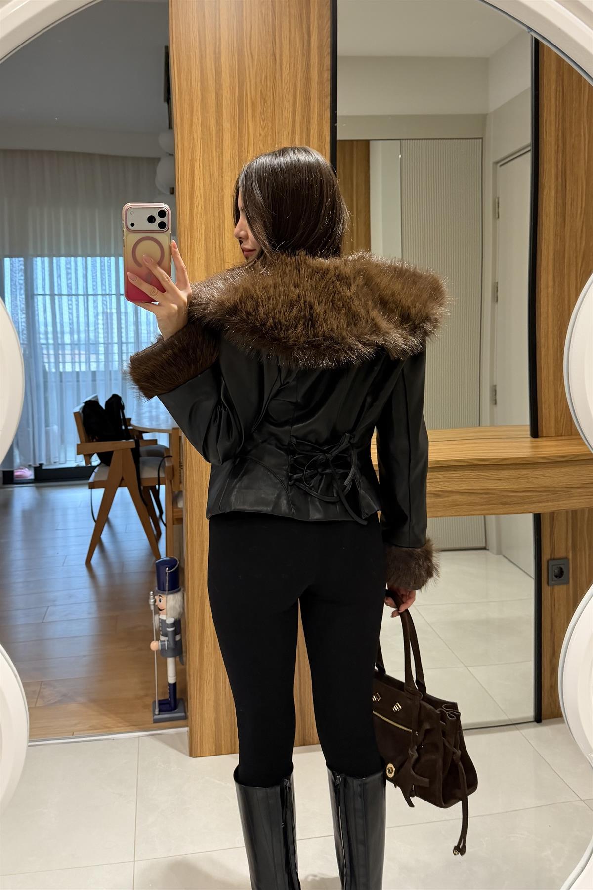Perla Siyah Kürklü Deri Ceket
