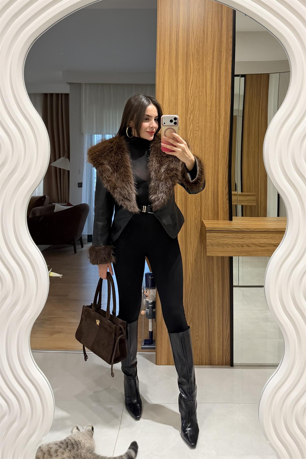 Perla Siyah Kürklü Deri Ceket