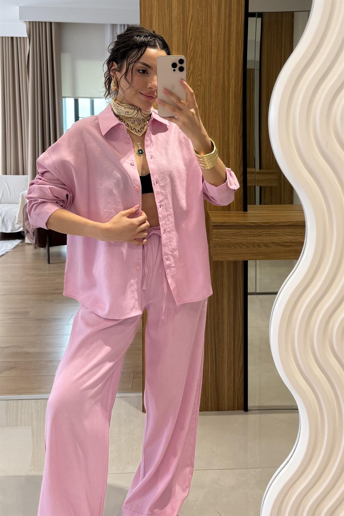 Peru Pembe Ham Keten Gömlek Pantolon  Takım