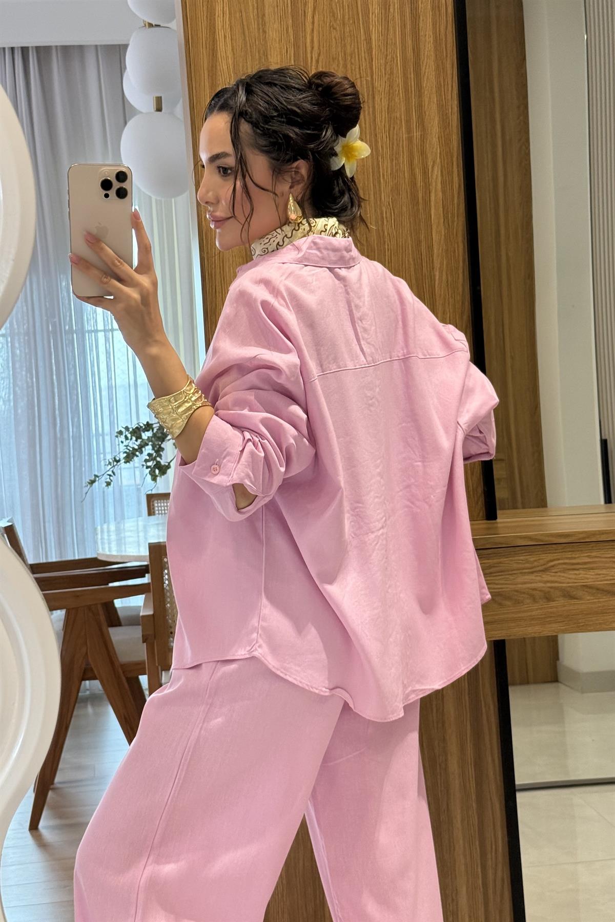 Peru Pembe Ham Keten Gömlek Pantolon  Takım