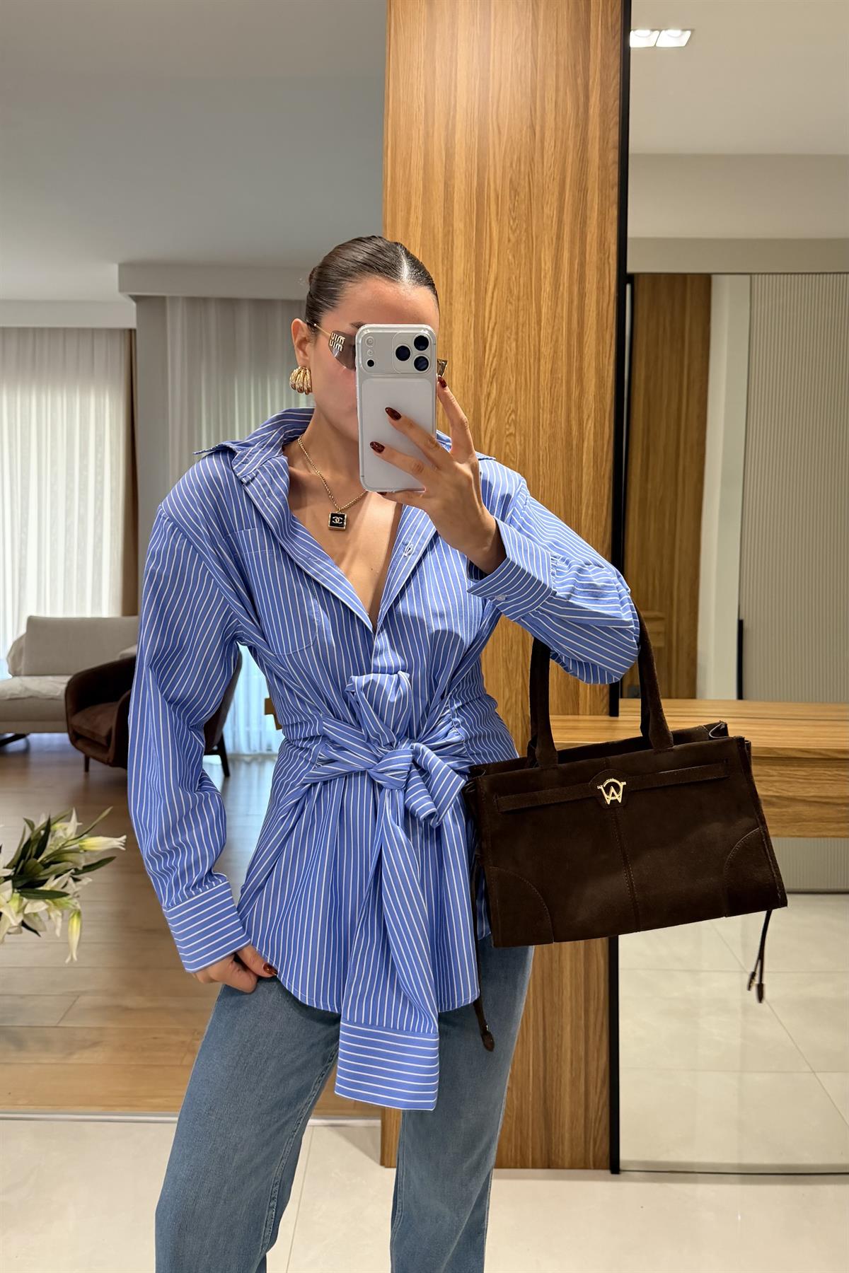 Petra Mavi Çizgili Bağlamalı Gömlek 