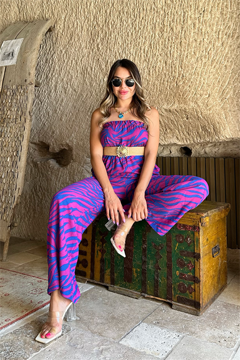 Petunya mavi mor geçişli straplez tulum