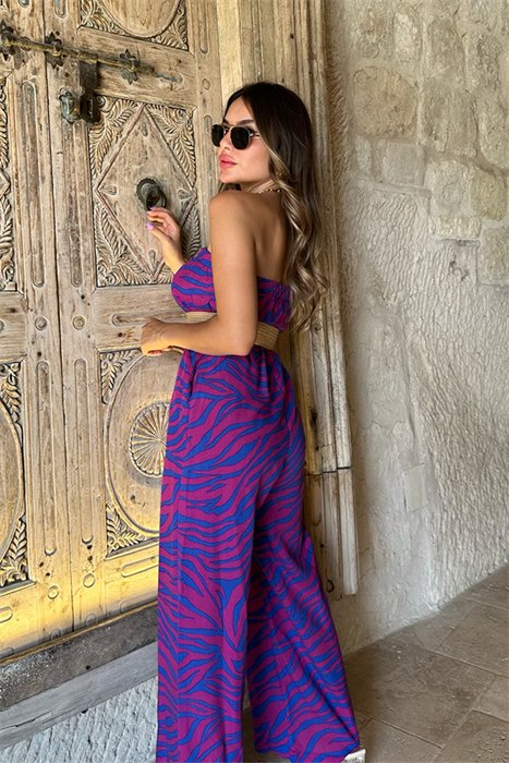 Petunya mavi mor geçişli straplez tulum