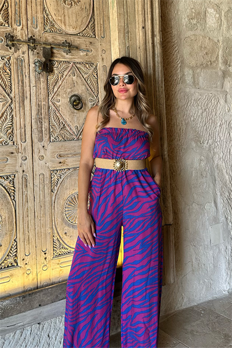 Petunya mavi mor geçişli straplez tulum