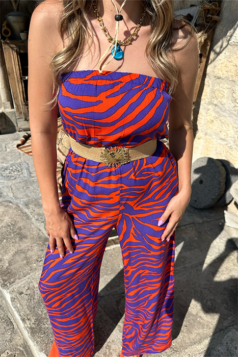 Petunya turuncu mor geçişli straplez tulum