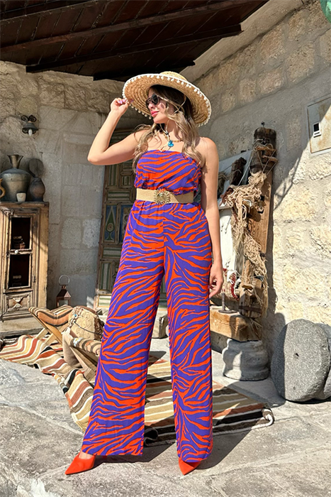 Petunya turuncu mor geçişli straplez tulum