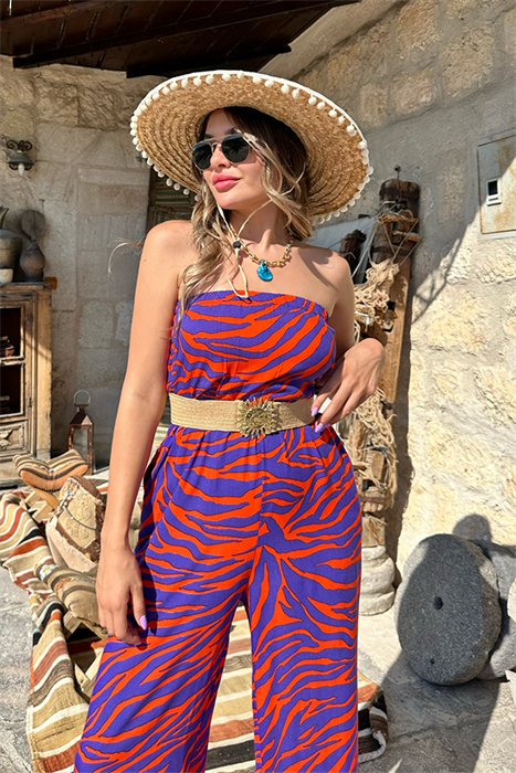 Petunya turuncu mor geçişli straplez tulum