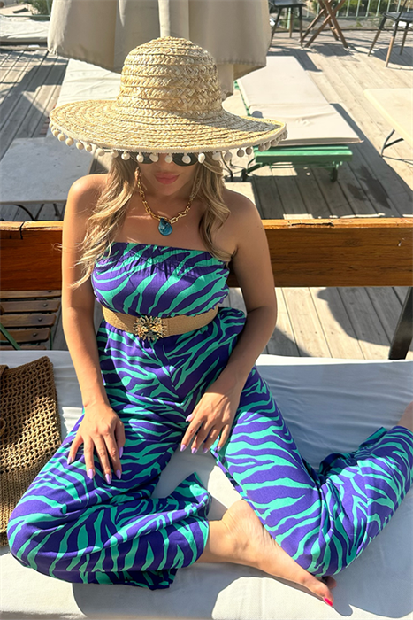 Petunya yeşil mor geçişli straplez tulum