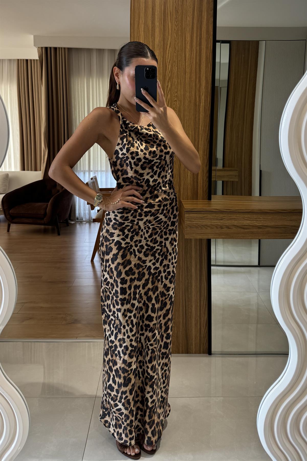 Pieta Leopar Saten Maxi Elbise