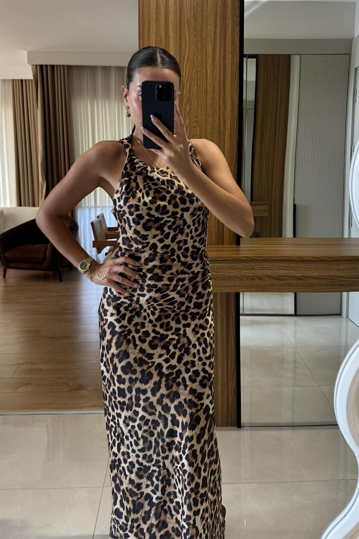 Pieta Leopar Saten Maxi Elbise