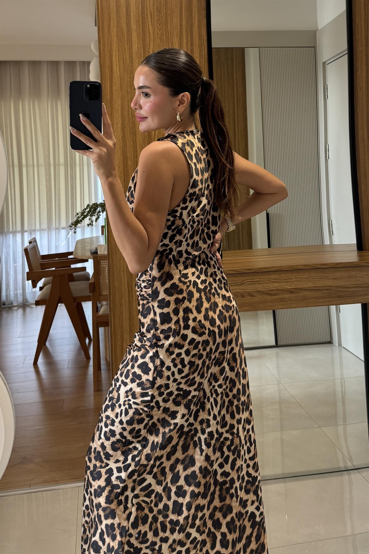 Pieta Leopar Saten Maxi Elbise