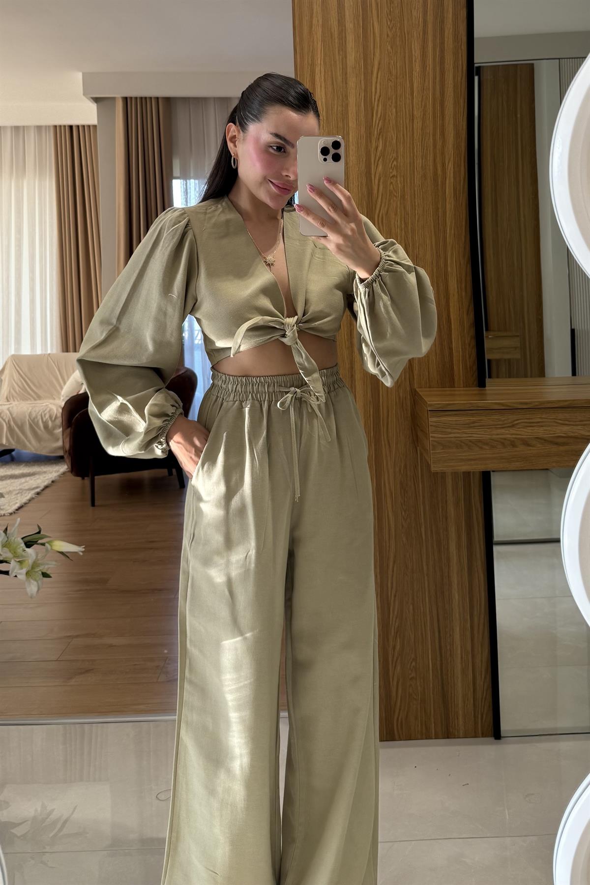 Pietro Haki Bağlamalı Keten Takım