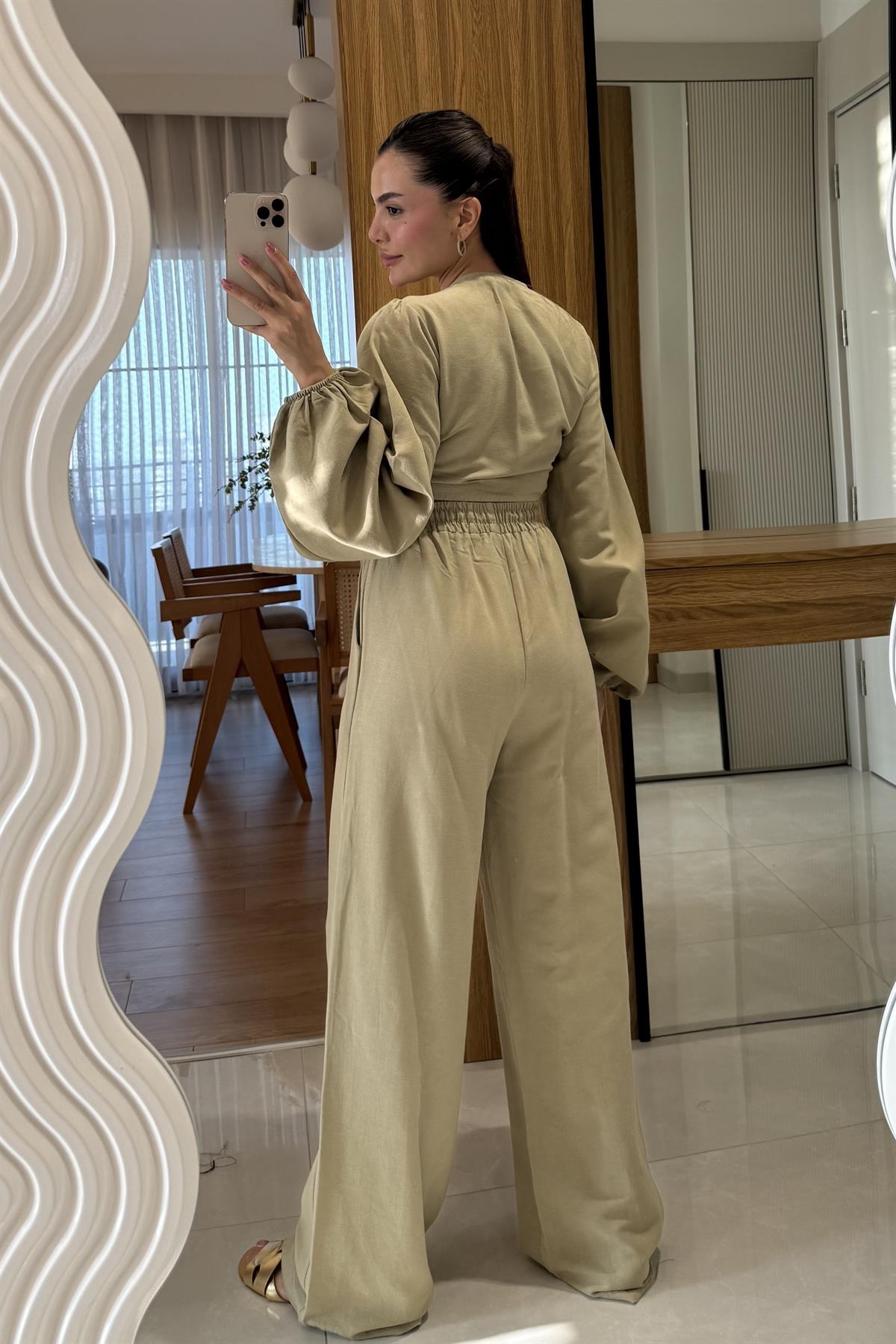 Pietro Haki Bağlamalı Keten Takım