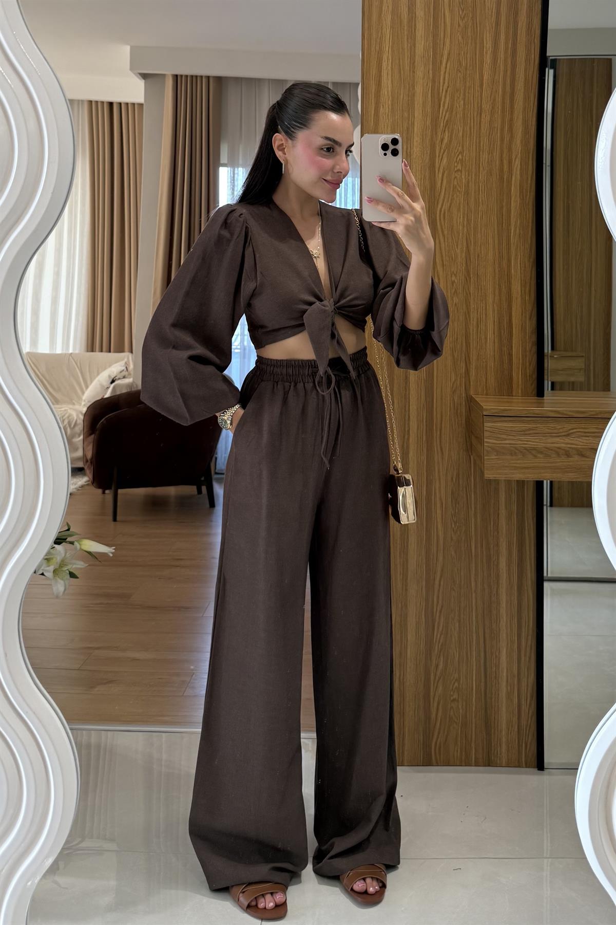 Pietro Kahve Bağlamalı Keten Takım