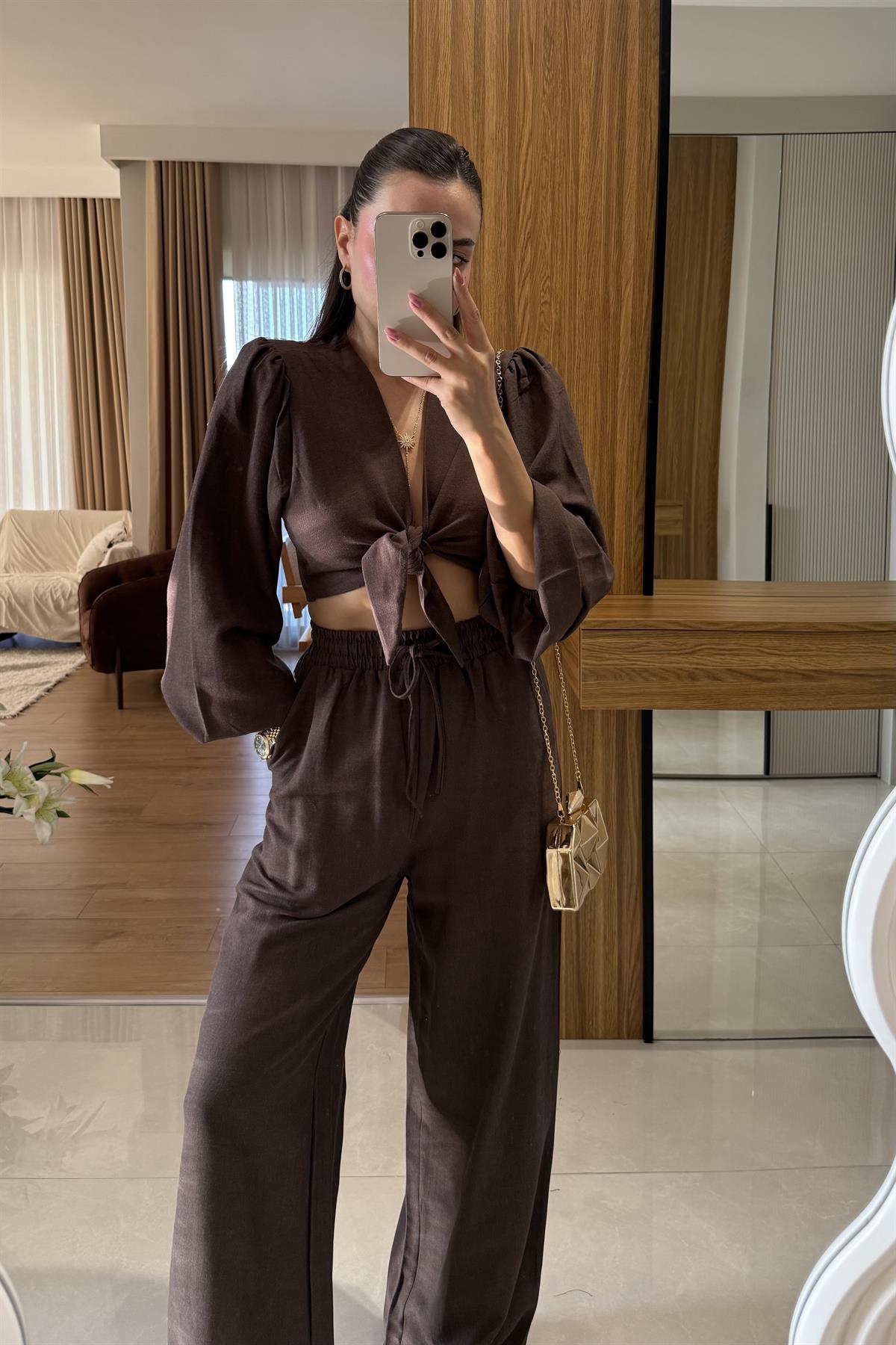 Pietro Kahve Bağlamalı Keten Takım