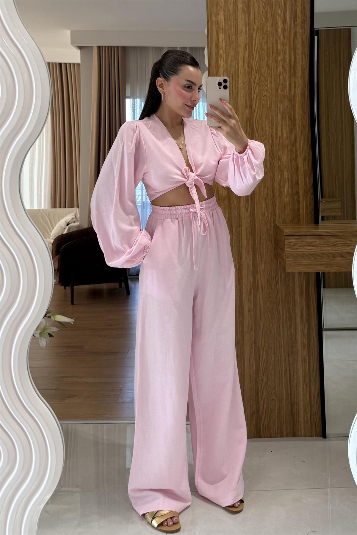 Pietro Pembe Bağlamalı Keten Takım