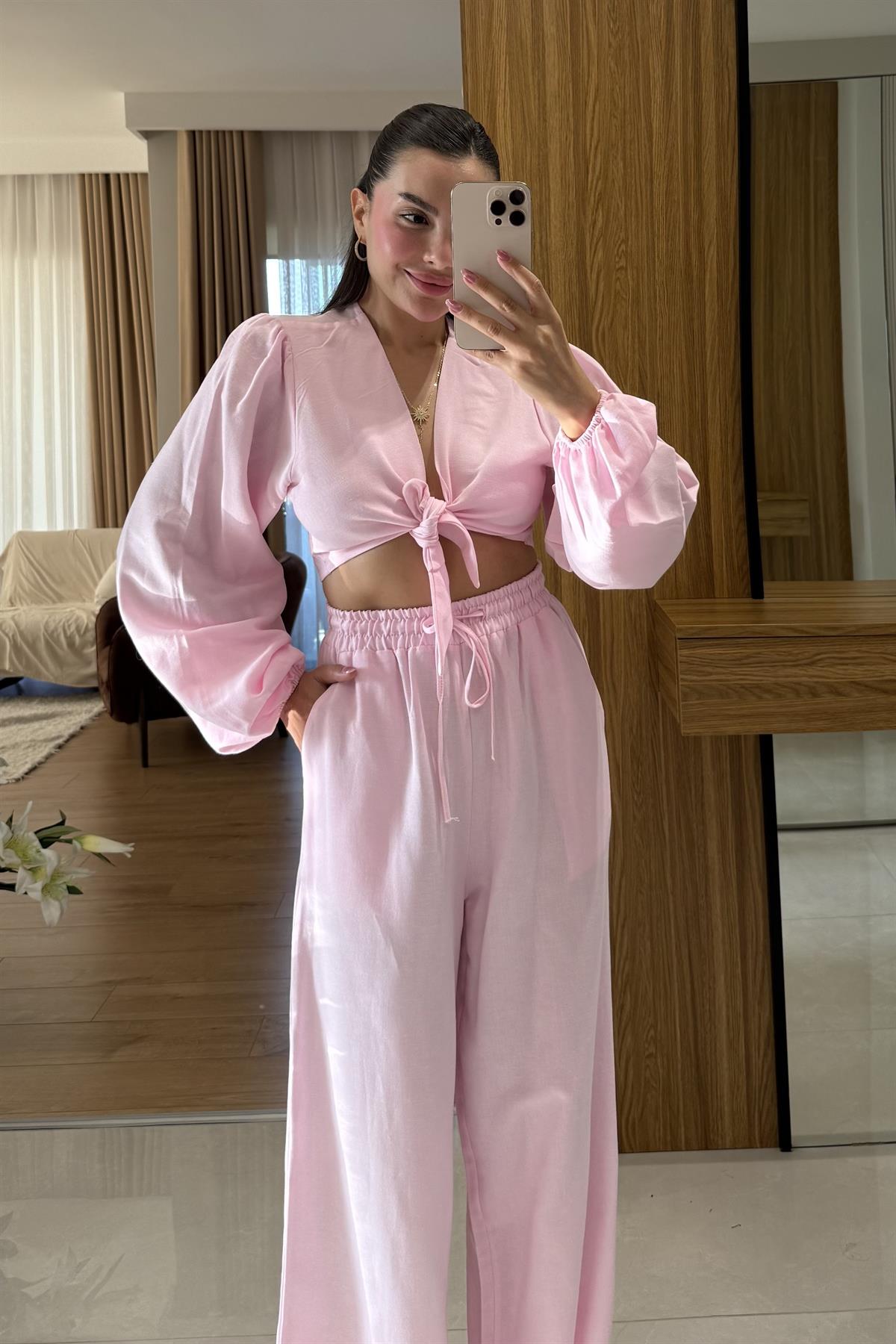 Pietro Pembe Bağlamalı Keten Takım