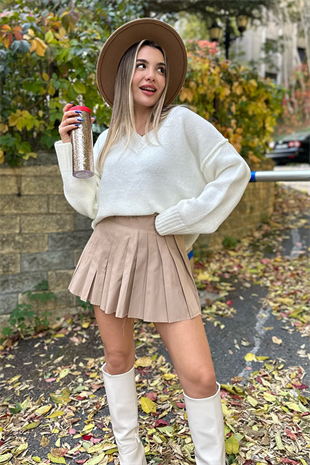 Pileli karamel kolej etek