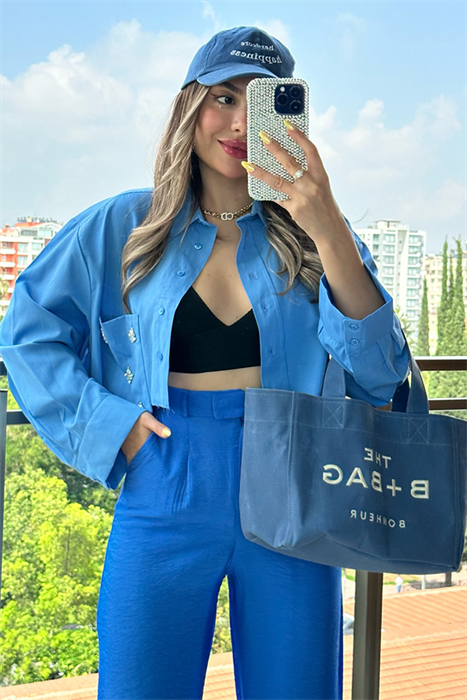 Pinky cebi taşlı mavi mini gömlek 