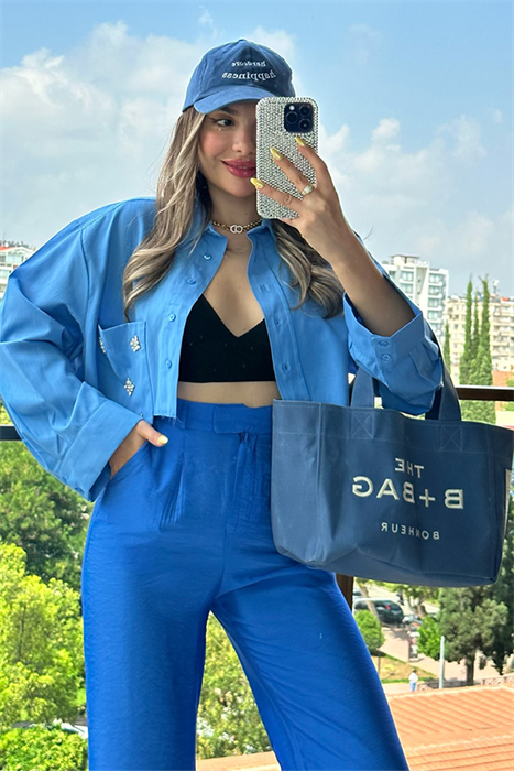 Pinky cebi taşlı mavi mini gömlek 