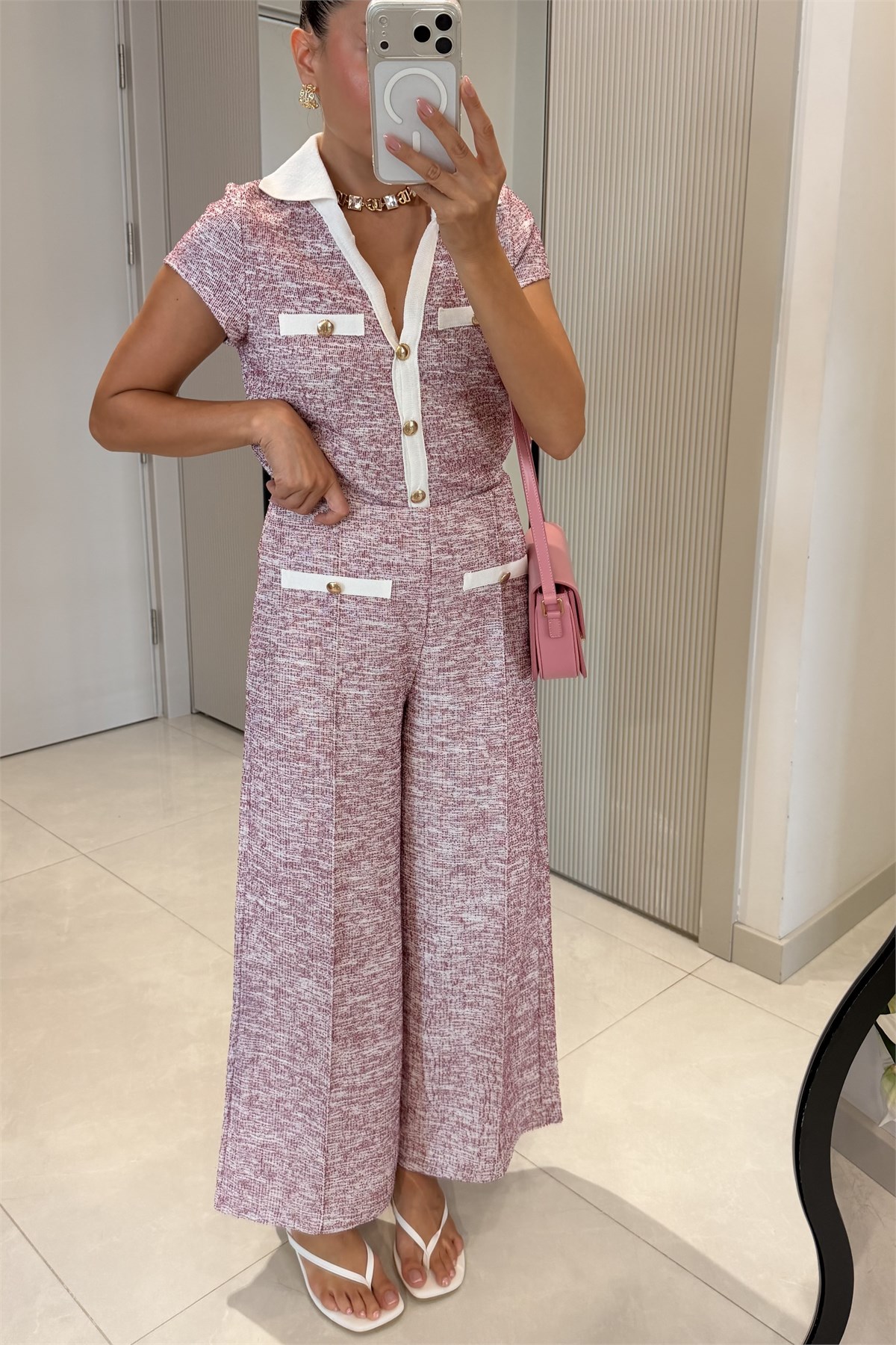 Pixell Pembe Düğmeli Triko Takım