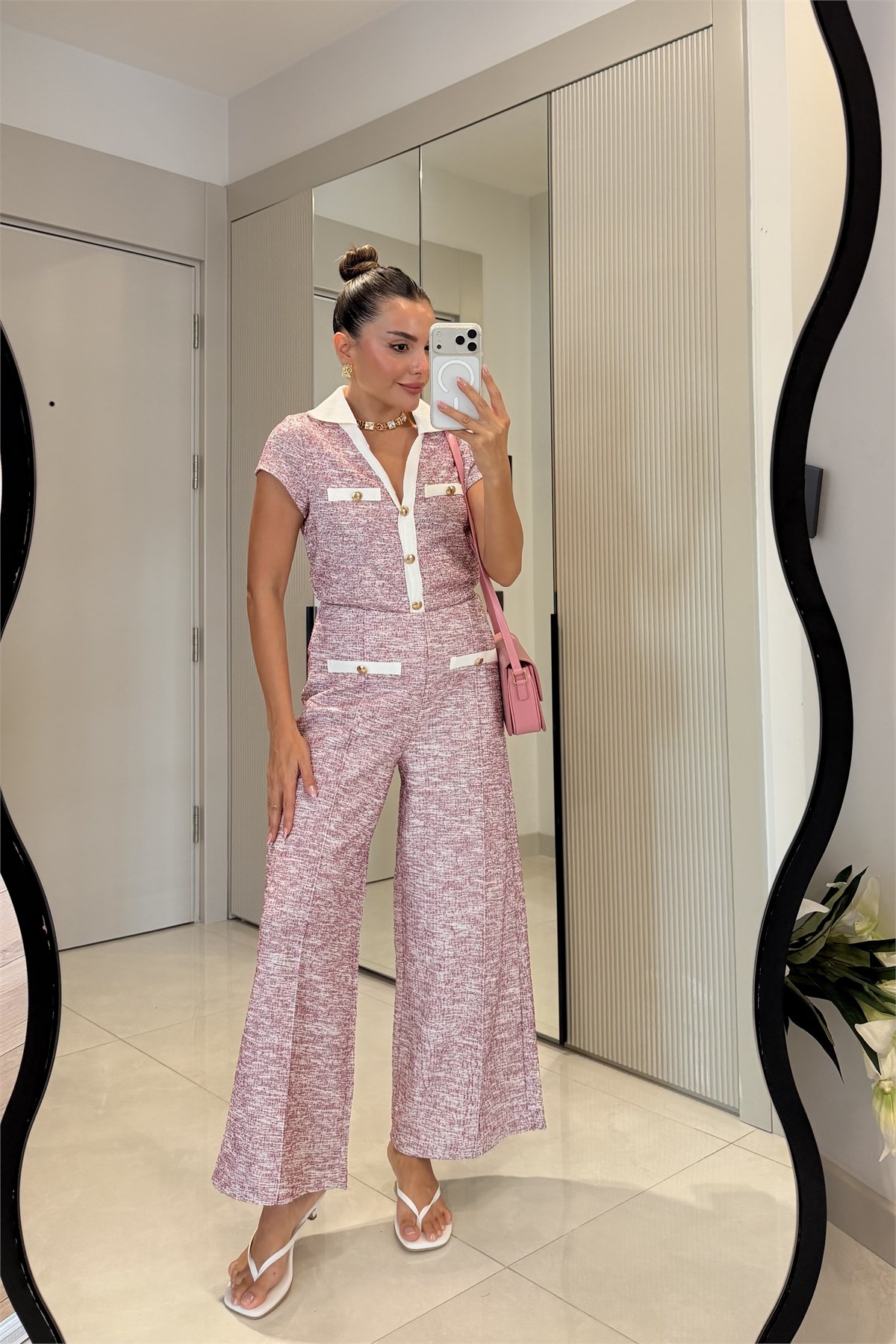 Pixell Pembe Düğmeli Triko Takım