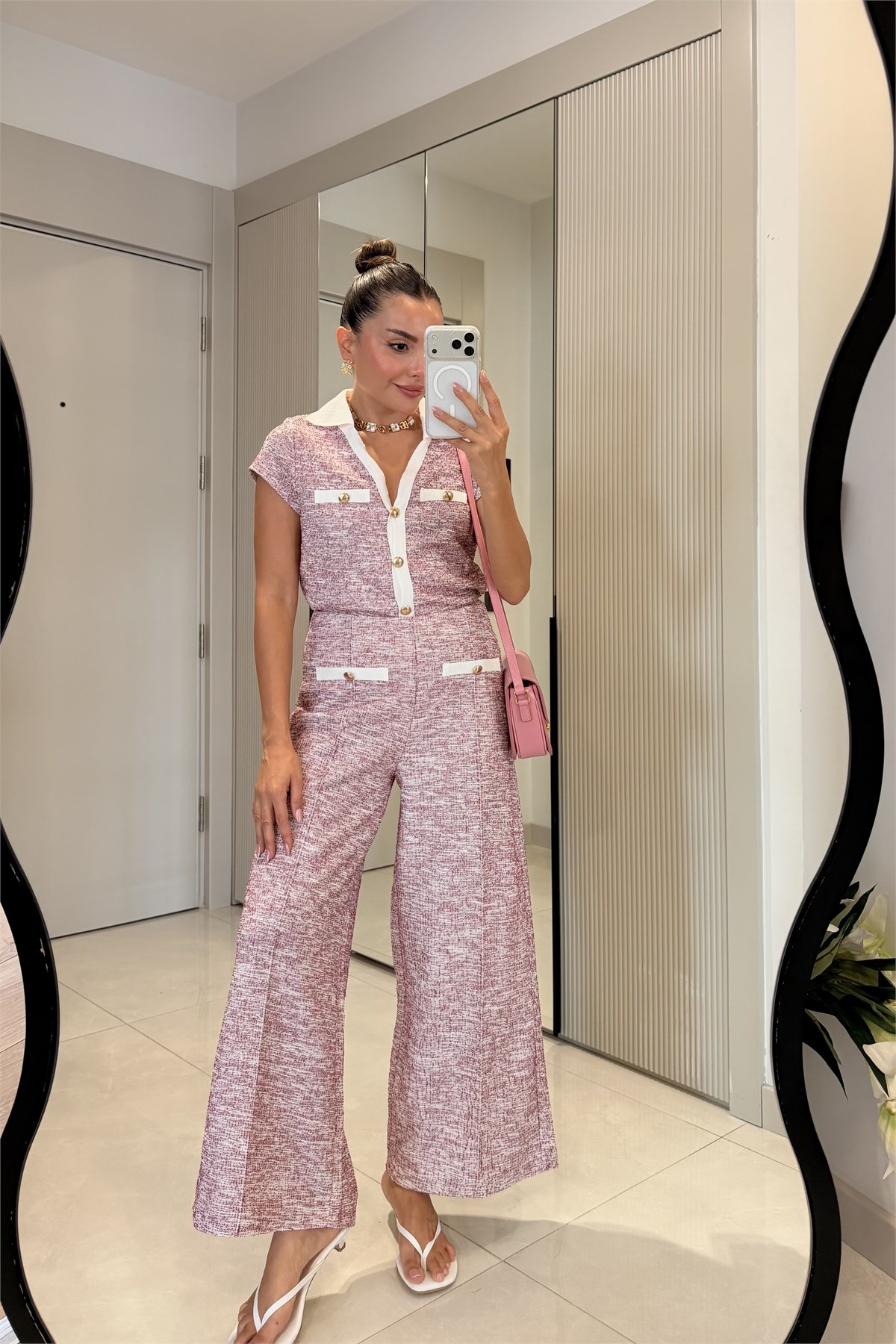 Pixell Pembe Düğmeli Triko Takım