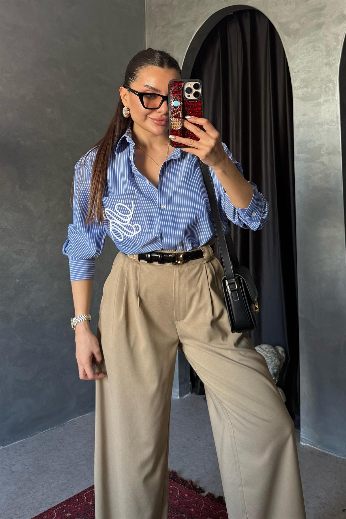 Pixie Çizgili Mavi Cebi Nakışlı Gömlek 